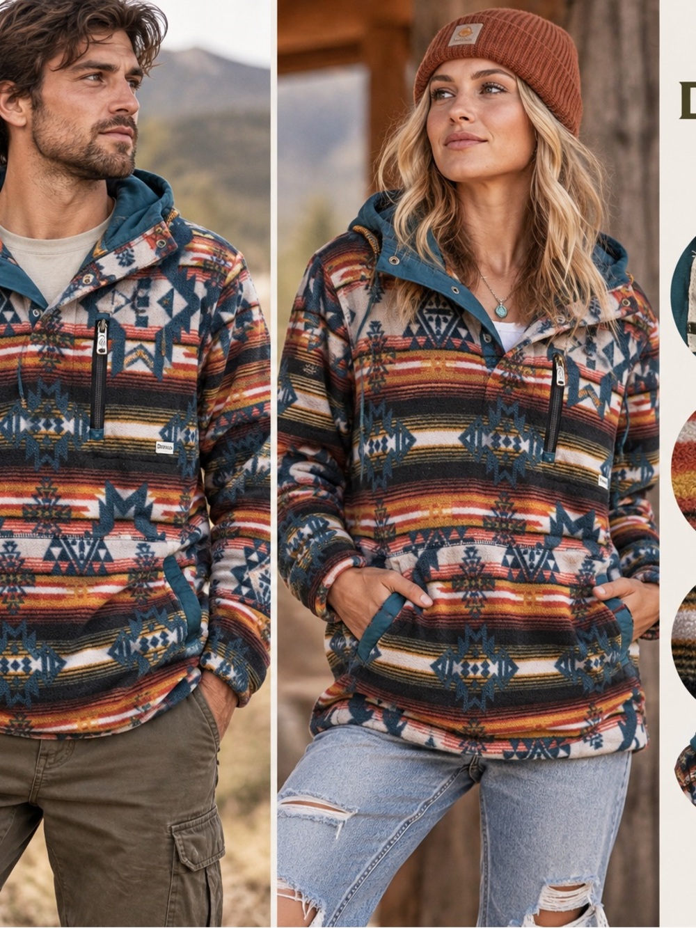 Dravus Men’s Large Southwest Aztec Fleece Pullover Hoodie Teal Multicolor